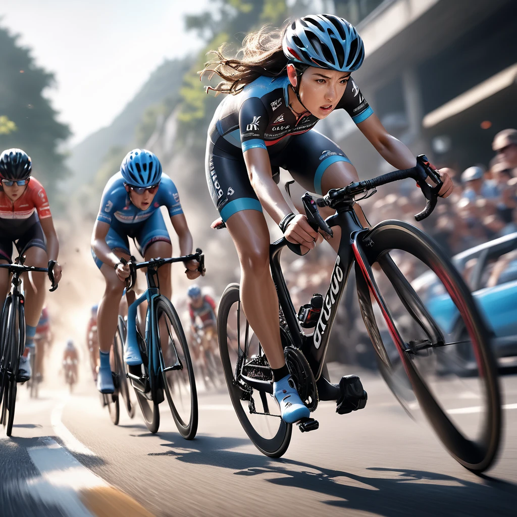 a young female cyclist racing on a road bike, long black hair flowing, sleek and aerodynamic cycling outfit, intense expression, multiple cyclists battling it out in a heated road race, dynamic motion blur, low angle perspective emphasizing long legs and powerful stride, cinematic lighting, vibrant colors, (best quality,4k,8k,highres,masterpiece:1.2),ultra-detailed,(realistic,photorealistic,photo-realistic:1.37),extremely detailed face and eyes,beautiful detailed lips,highly detailed, hyper realistic, professional photography, cinematic lighting, dynamic action scene, stunning landscape