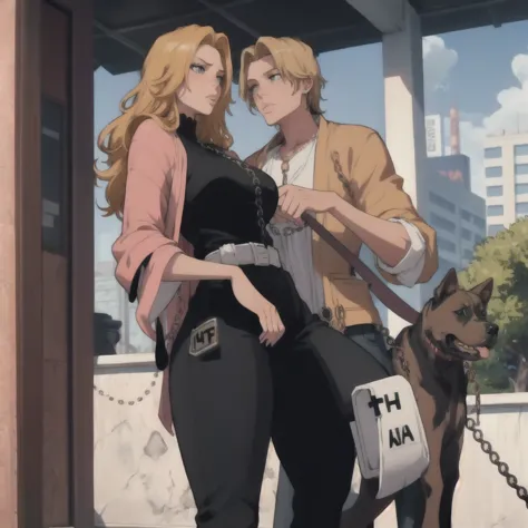 a beautiful detailed blonde girl standing, holding an ametry and a pitbull on a leash chain, GTA5 character, cinematic compositi...