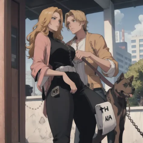 a beautiful detailed blonde girl standing, holding an ametry and a pitbull on a leash chain, gta5 character, cinematic compositi...