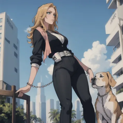 a beautiful detailed blonde girl standing, holding an ametry and a pitbull on a leash chain, GTA5 character, cinematic compositi...