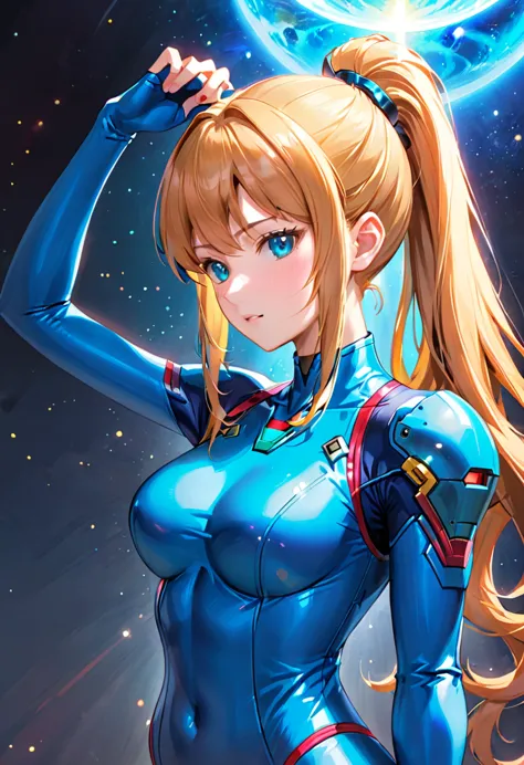 masterpiece、highest quality、samus alan、ponytail、hair ties、blue bodysuit、upper body、see who&#39;s watching、furrow one&#39;s brow、...