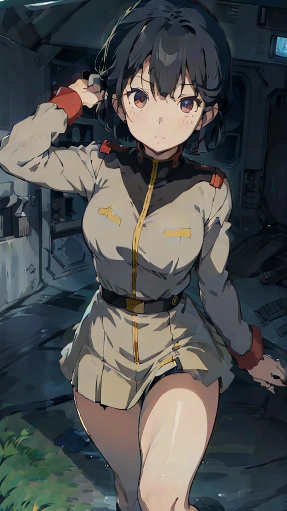 1 girl、Beautiful female officer of the Earth Federation Army、short black hair、side braid，Idol-level cuteness、Accurately draw faces、Although she has a slim figure, her breasts are big、Healthy Thighs Short Skirt Earth Federation Army、knee height、Battleship bridge interior、anatomically correct、Precise fingers、Precise leaf stone carving、Photoreal