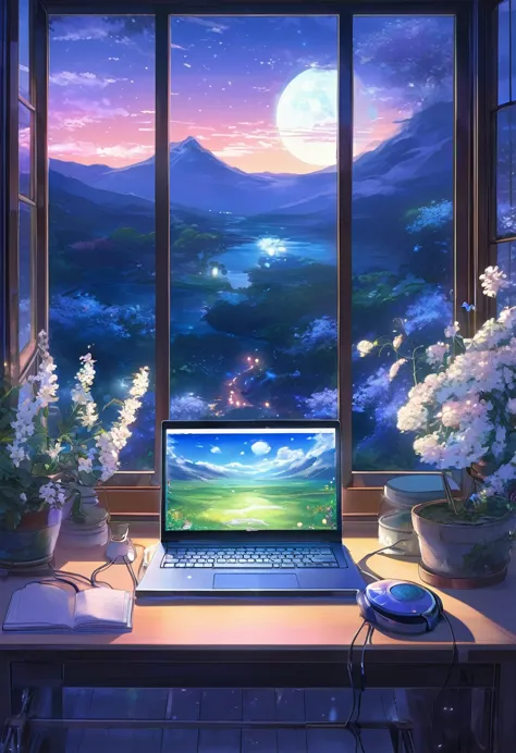 A tranquil scene unfolds in a magical lab setting: a laptop with a glowing screen rests on a desk by a large window, showcasing ...