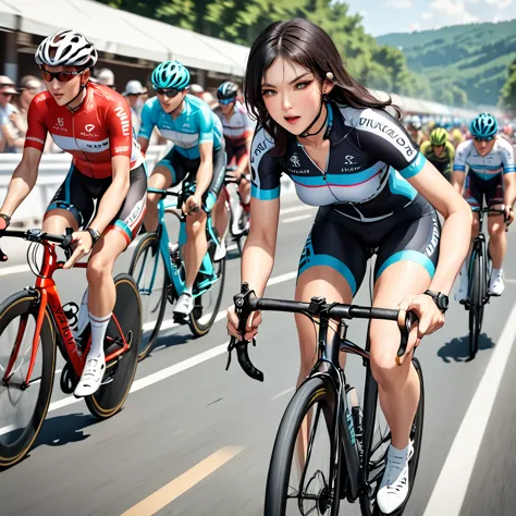 a woman riding a road racing bicycle at high speed, detailed facial features, long black hair, stylish, road cycling race with m...