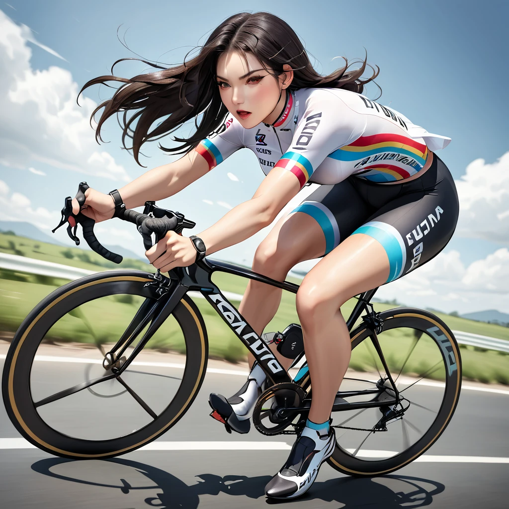 一名女子高速騎乘公路賽車, 詳細的臉部特徵, 黑色長髮, 時髦的, 多人公路自行車比賽, 激烈的賽車動態, 速度感和運動感, 低角度平移拍攝, 誇張的長腿