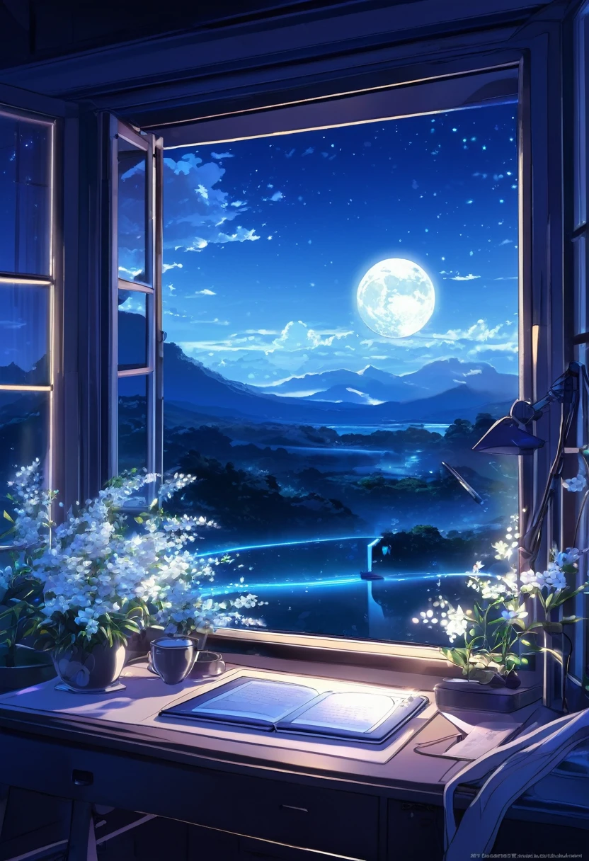 A tranquil scene unfolds in a magical lab setting: a laptop with a glowing screen rests on a desk by a large window, showcasing a serene moonlit landscape. Blue neons softly illuminate white flowers next to a tablet and PC monitor. A vocal microphone and headphones hint at creativity buzzing in the air. This anime-inspired digital painting, winning a pixiv contest, exudes a cozy, enchanting ambiance, captivating viewers with its blend of mystical realism and fairy tale allure.