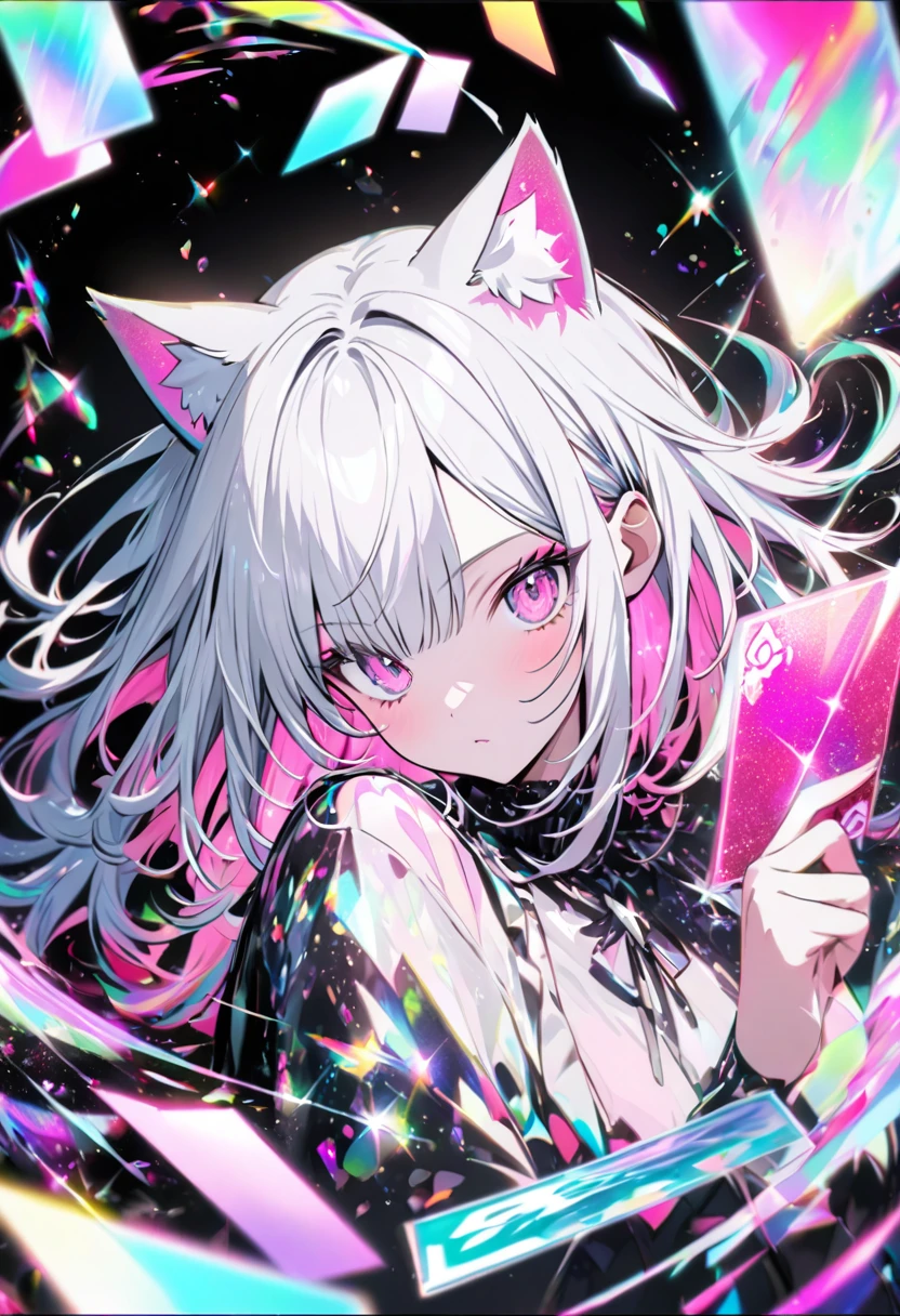 A high-quality hologram card, pretty girl,Cat ear, Beautiful silver hair,Pink inside,Beautiful pink eyes,with glitter, and a black background around the card, clear coloring, and colorful