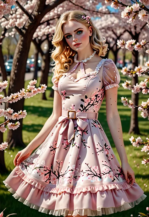 A beautiful sensual, curvy blonde kid wearing a sweet Pink Party Contrast Mesh, Ruffle Hem, All Over cherry blossoms Print, A Li...