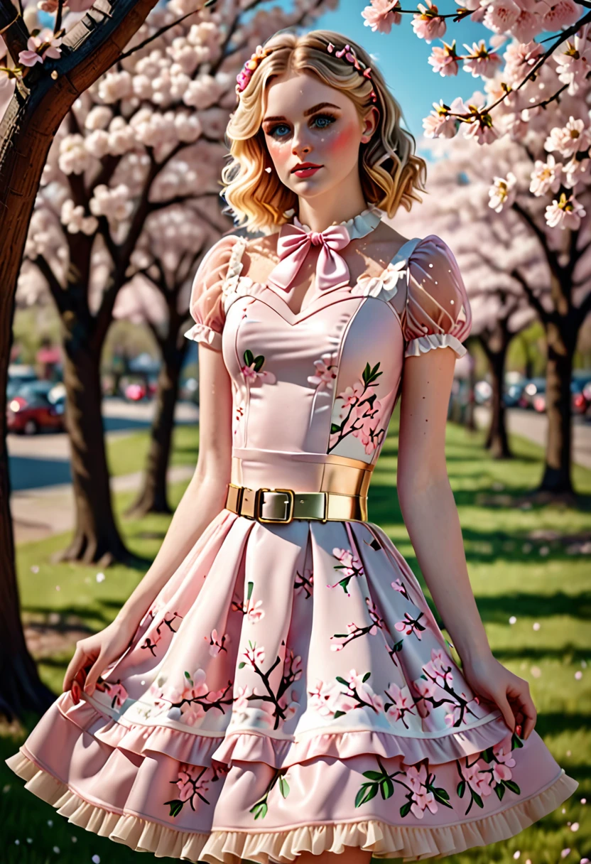 A beautiful sensual, curvy blonde kid wearing a sweet Pink Party Contrast Mesh, Ruffle Hem, All Over cherry blossoms Print, A Line, Short puff Sleeves, Sweetheart neckline, thin gold belt with tiny heart buckle, High Waist,Flounce hem Long gown, very long curling hair, cute, sweet, town picnic, warm party atmosphere, pretty, pretty lighting, 8k, octane render, detailed, detailed background, 35mm, realistic, photorealistic, perfect face, cherry blossoms barrettes in hair, freckles, American 