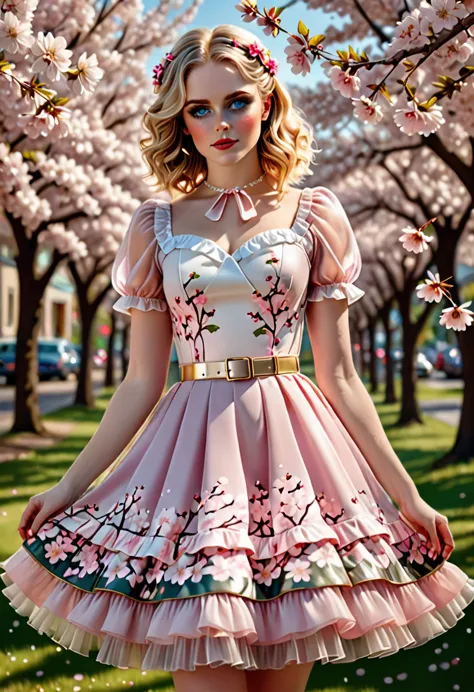 A beautiful sensual, curvy blonde kid wearing a sweet Pink Party Contrast Mesh, Ruffle Hem, All Over cherry blossoms Print, A Li...