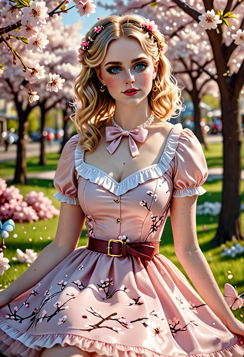 حسي جميل, curvy blonde kid wearing a حلو Pink  Contrast Mesh, كشكش هيم, طباعة أزهار الكرز في جميع أنحاء العالم, خط, أكمام قصيرة منفوخة, خط العنق حبيبته, حزام ذهبي رفيع بإبزيم صغير على شكل قلب, ارتفاع الخصر,انتفض تنحنح ثوب طويل, شعر مجعد طويل جدا, لطيف, حلو, نزهة المدينة, جو دافئ, جميل, جميل lighting, 8 ك, تقديم الأوكتان, مفصلة, مفصلة background, 35 ملم, حقيقي, photoحقيقي, وجه مثالي, أزهار الكرز المشابك في الشعر, النمش, أمريكي 