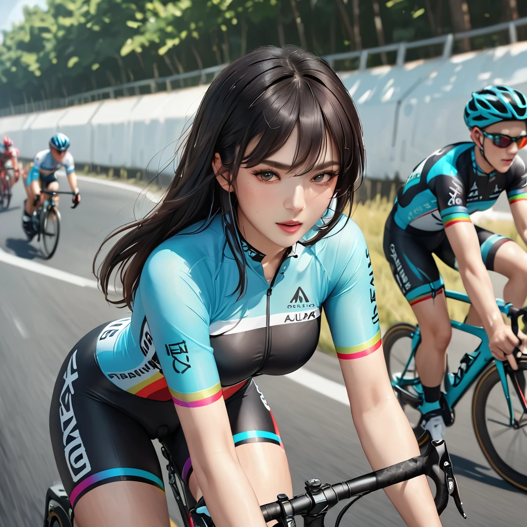 8K, RAW Photos, Realistic: 1.25), (Highest quality, Ultra-high resolution, Written boundary depth, chromatic aberration, Caustics), A female racer racing on a road racing bicycle, Black Hair, semi-long, stylish, Bicycle road racing, A heated race between multiple road racers, Speed, Uplifting, Panning view,