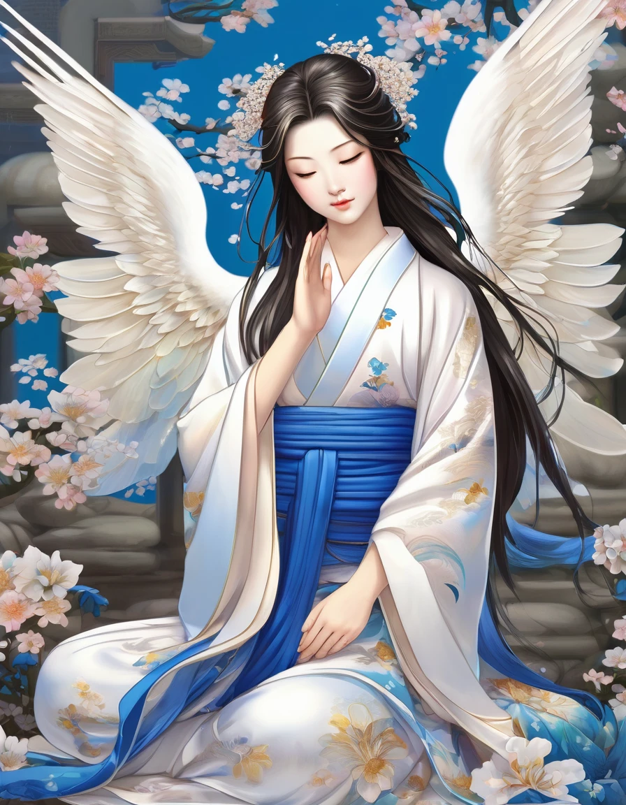 Kimono, angel, Haut wie ein Buddha, Vergöttlichung, Augen geschlossen, blaue Blumen im Hintergrund, halblanges Haar, Hände nicht sichtbar, nach vorne gerichtet　