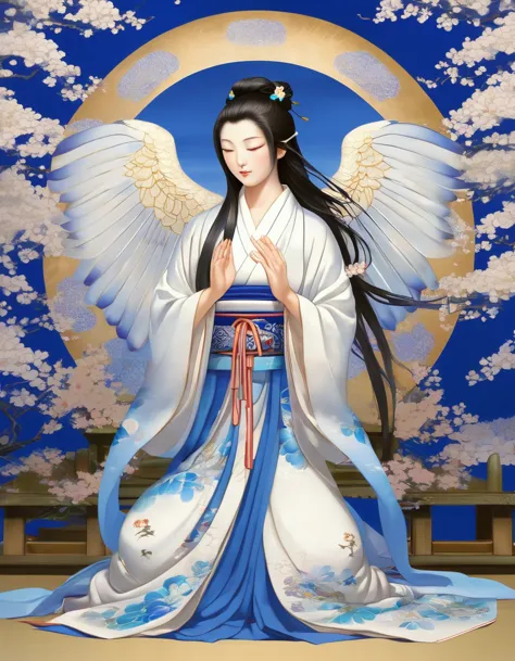 Kimono, angel, skin like a Buddha, deification, eyes closed, blue flowers in the background, semi-long hair, hands not showing, ...