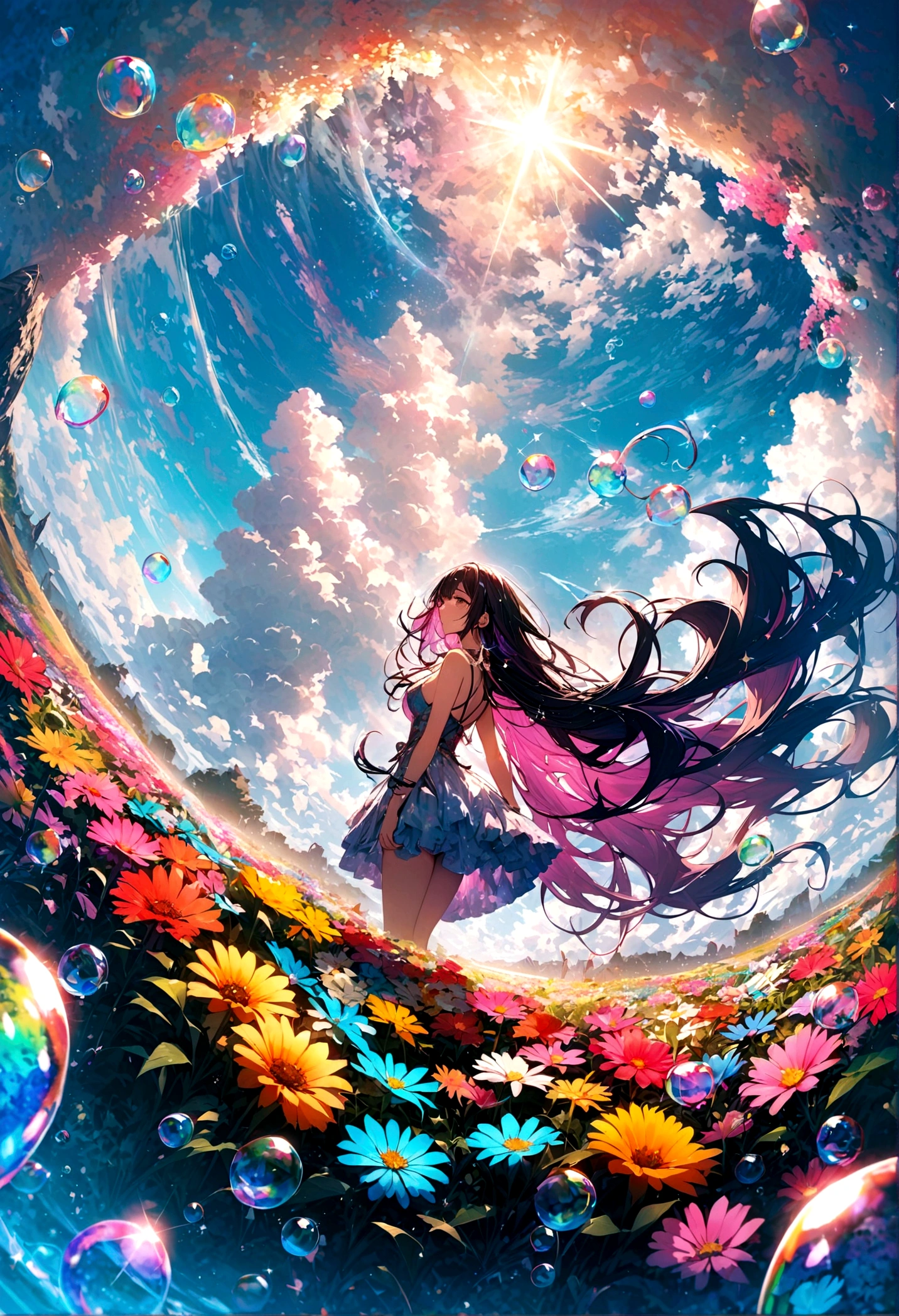 JK,Flowing hair,Beautiful sky, Beautiful clouds, Summer，Colorful flowers, (Crystal clear bubbles sparkle in the sky), masterpiece,high resolution,Wide-angle lens