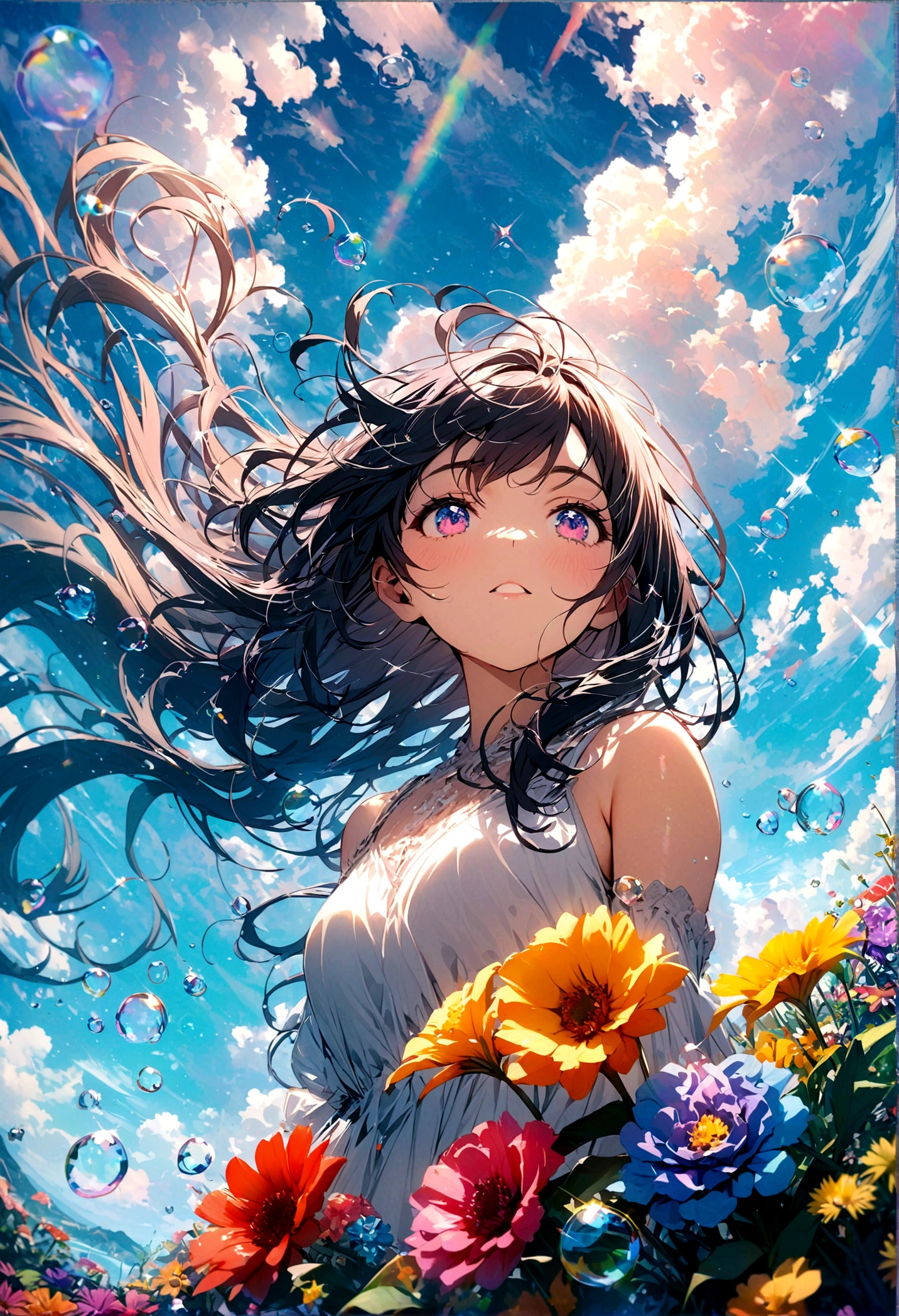 JK,Flowing hair,Beautiful sky, Beautiful clouds, Summer，Colorful flowers, (Crystal clear bubbles sparkle in the sky), masterpiece,high resolution,Wide-angle lens