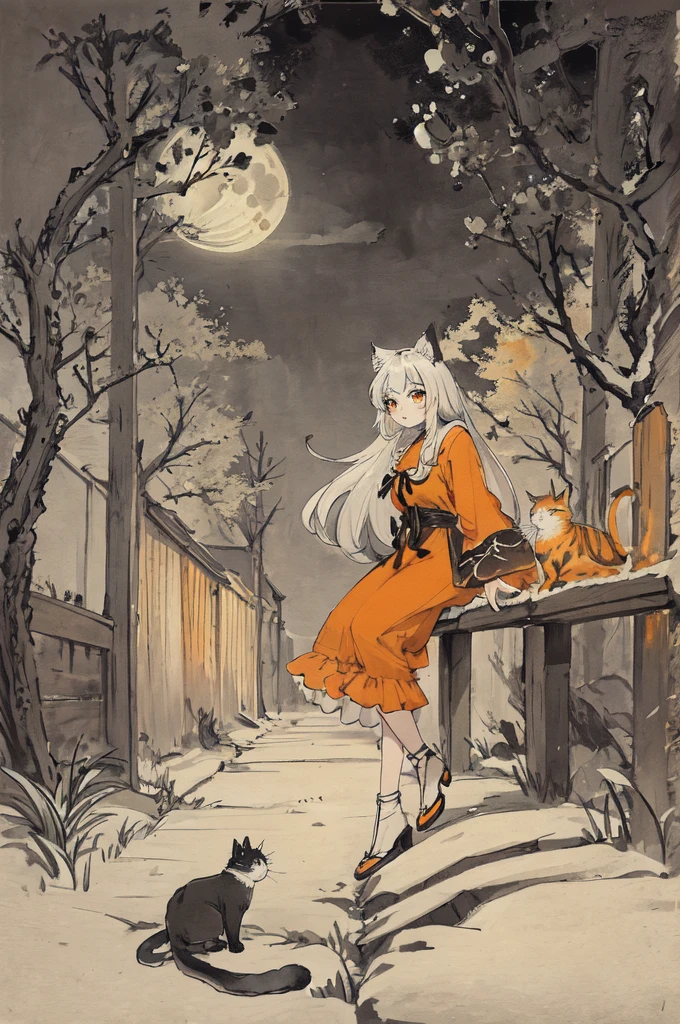 cat,Orange,beautiful,large eyes,Masterpiece,full moon,alley