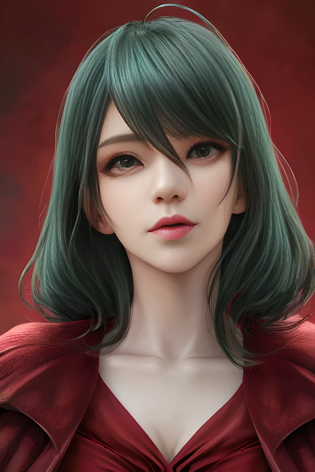 1girl,(Red Theme: 1.2), wearing a velvet dress, a gorgeous cape,, beautiful detailed eyes, beautiful detailed lips, extremely detailed eyes and face, long eyelashes, best quality, 4k, 8k, highres, masterpiece, ultra-detailed, realistic, photorealistic, photo-realistic, ethereal glow, regal elegance, intricate details, luxurious, otherworldly beauty, dark atmospheric background, supernatural aura, focus on thighs and above,tamaki