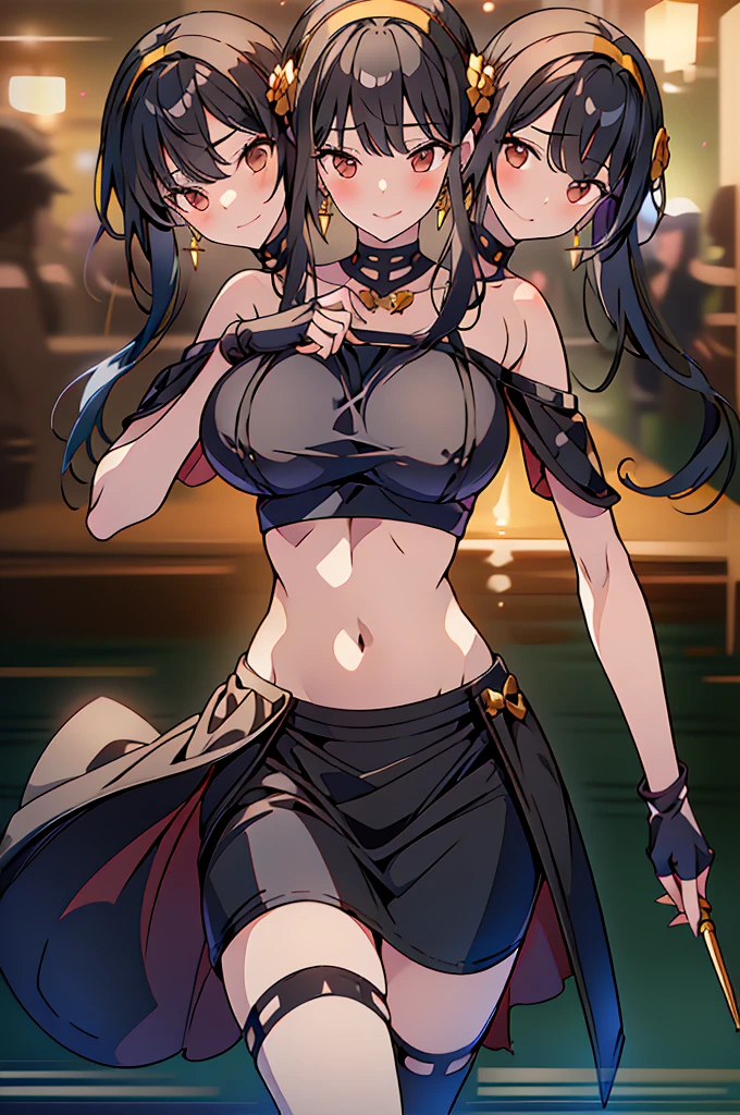 (masterpiece, best quality), best resolution, (3heads:1.5), 1girl, yor briar cosplay, bare shoulders, black crop top, black skirt, black gloves, black hair, blood, blood on face, blood on weapon, breasts, miniskirt, earrings, fingerless gloves, floating hair, gloves, gold earrings, gold hairband, hair flower, hair ornament, hairband, holding, holding weapon, jewelry, long hair, looking at viewer, off-shoulder dresscrop topent smile, convention center parking lot, cowboy shot, huge , open belly, exposed midriff