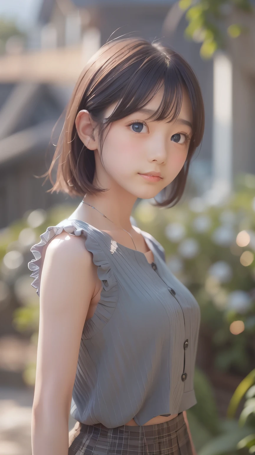 (8K, Highest quality, masterpiece: 1.2), Super detailed, Highest quality, Ultra-high resolution, Professional Lighting, Photon Mapping, Radio City, Physically Based Rendering, Cinema Lighting, Depth of written boundary, focus on, Light of the sun, Good composition, (Bokeh: 1.2), 1 Girl, (whole body), smile, Beautiful Eyes, Pause, narrow, Brown Hair, short hair, Prairie Blouse Light Blue, skirt,garden,hand {refer tos} cute {refer to} hand,