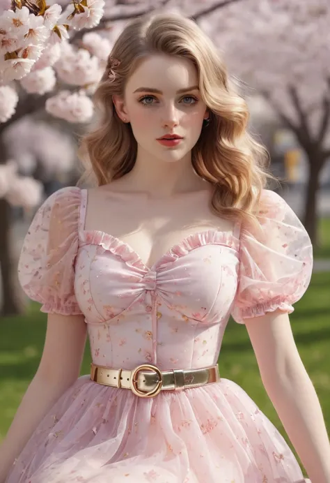 A beautiful sensual, curvy blonde kid wearing a sweet Pink Party Contrast Mesh, Ruffle Hem, All Over cherry blossoms Print, A Li...