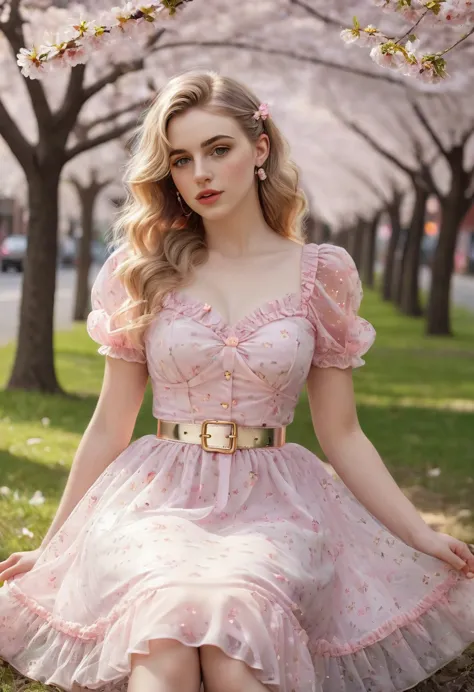 A beautiful sensual, curvy blonde kid wearing a sweet Pink Party Contrast Mesh, Ruffle Hem, All Over cherry blossoms Print, A Li...