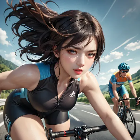 a young female cyclist racing on a road bike, long black hair flowing, sleek and aerodynamic cycling outfit, intense expression,...