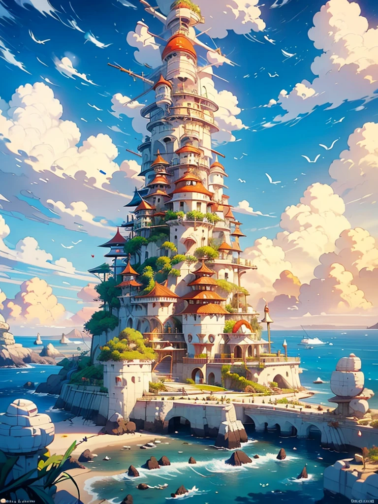 A fantasy-inspired painting of a coastal village in kawacy style, rendered in cinema4d, bulbous, precise nautical details, creative character design, whimsical cartoon style, 32k uhd --ar 2:1