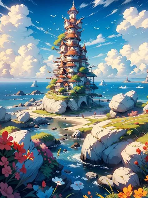 a fantasy-inspired painting of a coastal village in kawacy style, rendered in cinema4d, bulbous, precise nautical details, creat...