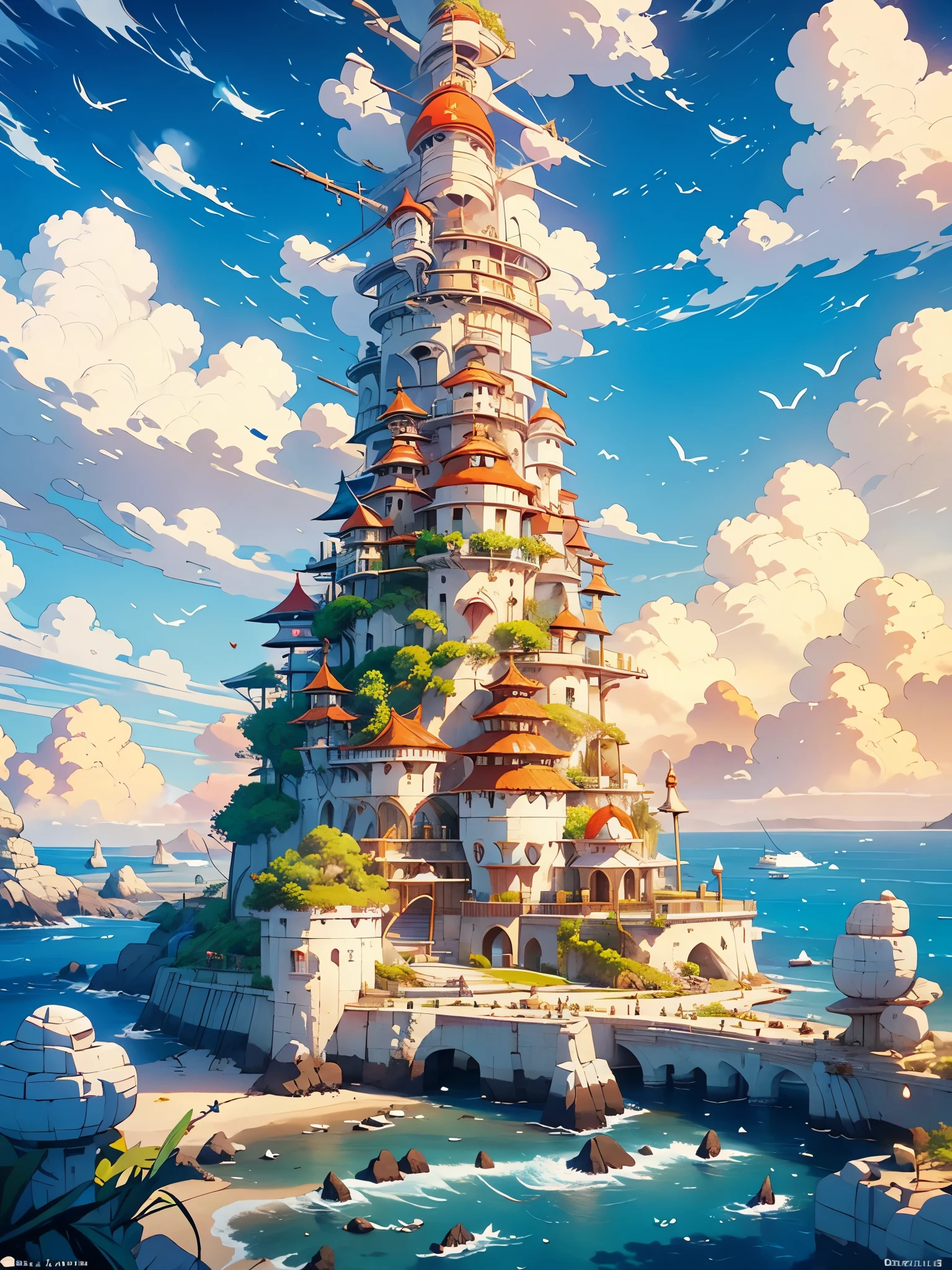 A fantasy-inspired painting of a coastal village in kawacy style, rendered in cinema4d, bulbous, precise nautical details, creative character design, whimsical cartoon style, 32k uhd --ar 2:1