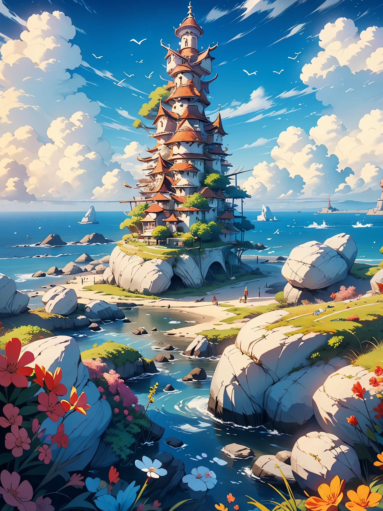 A fantasy-inspired painting of a coastal village in kawacy style, rendered in cinema4d, bulbous, precise nautical details, creative character design, whimsical cartoon style, 32k uhd --ar 2:1