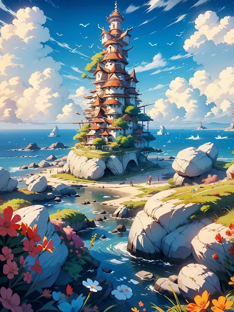 a fantasy-inspired painting of a coastal village in kawacy style, rendered in cinema4d, bulbous, precise nautical details, creat...