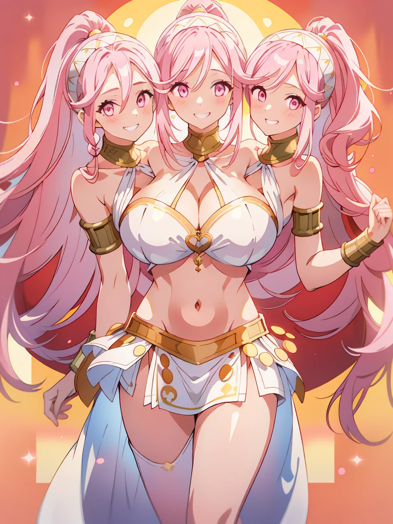 (masterpiece, best quality), best resolution, (3heads:1.5), 1girl, pink hair, long flowing hair, smiling, grinning, open belly, white crop top, white miniskirt, open breasts, huge tits, curls, sexy pose, ponytail, golden headband, 
