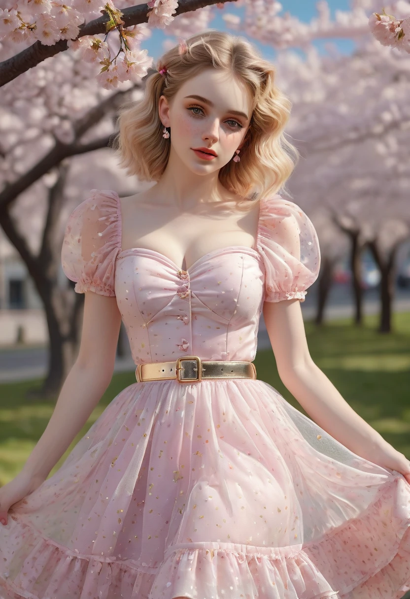 A beautiful sensual, curvy blonde kid wearing a sweet Pink Party Contrast Mesh, Ruffle Hem, All Over cherry blossoms Print, A Line, Short puff Sleeves, Sweetheart neckline, thin gold belt with tiny heart buckle, High Waist,Flounce hem Long gown, very long curling hair, cute, sweet, town picnic, warm party atmosphere, pretty, pretty lighting, 8k, octane render, detailed, detailed background, 35mm, realistic, photorealistic, perfect face, cherry blossoms barrettes in hair, freckles, American 