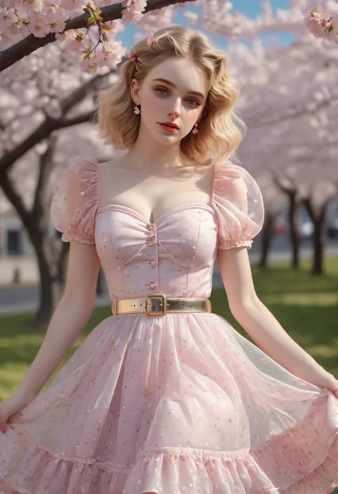 A beautiful sensual, curvy blonde kid wearing a sweet Pink Party Contrast Mesh, Ruffle Hem, All Over cherry blossoms Print, A Li...