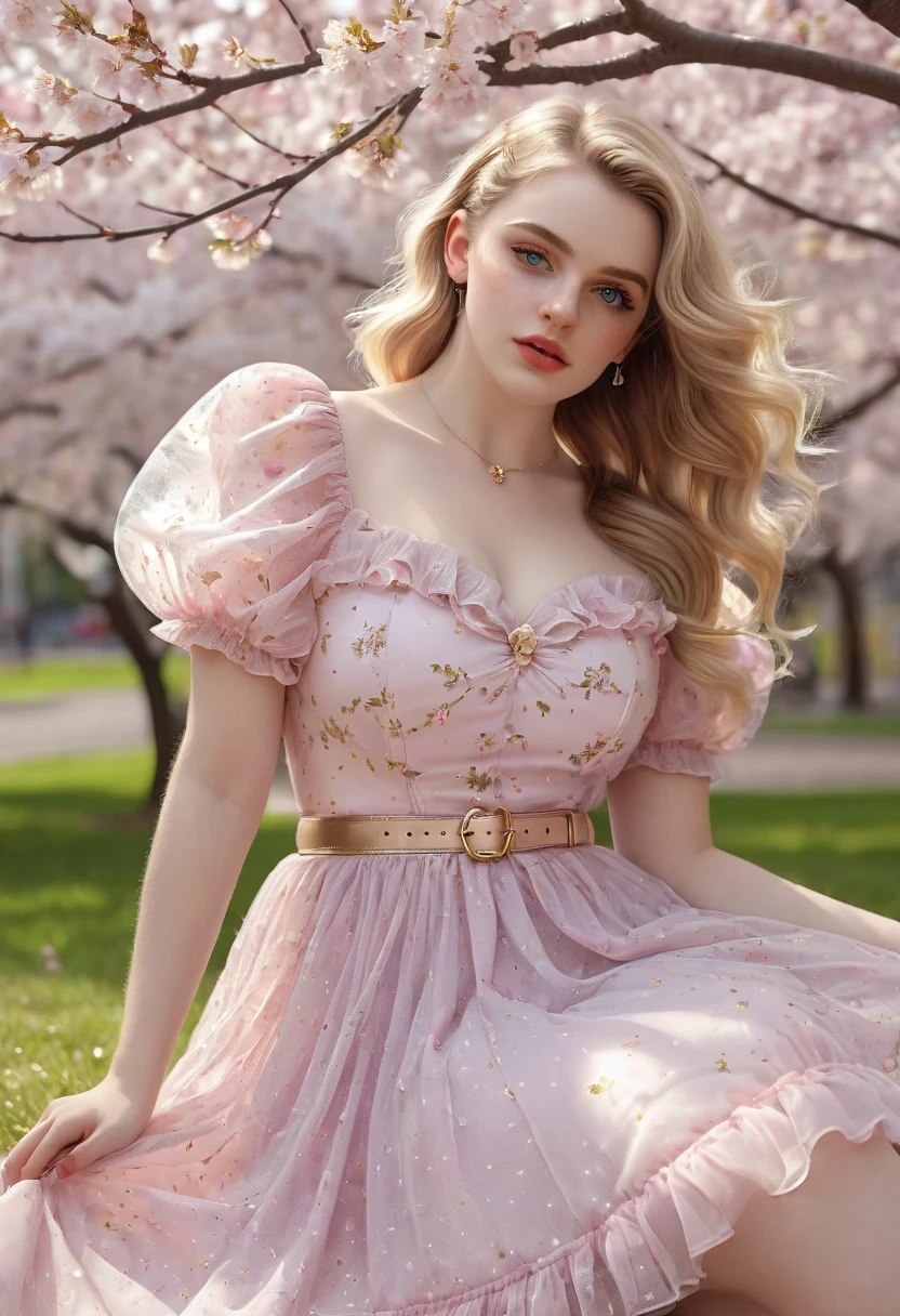 A beautiful sensual, curvy blonde kid wearing a sweet Pink Party Contrast Mesh, Ruffle Hem, All Over cherry blossoms Print, A Line, Short puff Sleeves, Sweetheart neckline, thin gold belt with tiny heart buckle, High Waist,Flounce hem Long gown, very long curling hair, cute, sweet, town picnic, warm party atmosphere, pretty, pretty lighting, 8k, octane render, detailed, detailed background, 35mm, realistic, photorealistic, perfect face, cherry blossoms barrettes in hair, freckles, American 