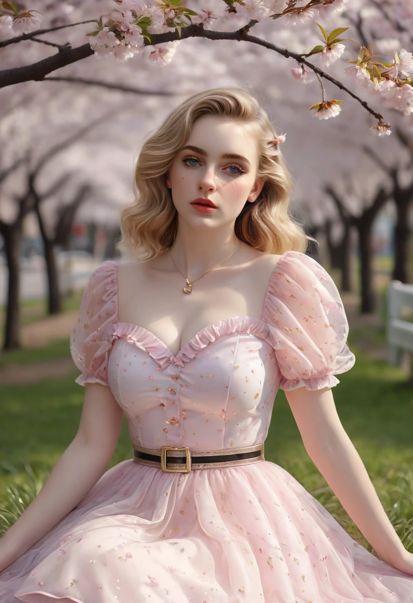 A beautiful sensual, curvy blonde kid wearing a sweet Pink Party Contrast Mesh, Ruffle Hem, All Over cherry blossoms Print, A Line, Short puff Sleeves, Sweetheart neckline, thin gold belt with tiny heart buckle, High Waist,Flounce hem Long gown, very long curling hair, cute, sweet, town picnic, warm party atmosphere, pretty, pretty lighting, 8k, octane render, detailed, detailed background, 35mm, realistic, photorealistic, perfect face, cherry blossoms barrettes in hair, freckles, American 