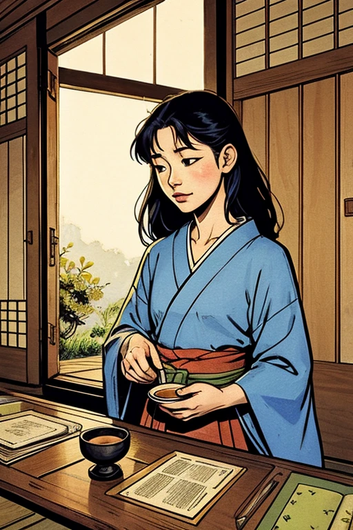 Fairy tale Illustration by Reiko Ikemura, pixabay, einfache Kunst, full color Illustration, cute fairy tale Illustration, picture book Illustration, Illustration, Mädchen pflückt Tee im Stil von Hayao Miyazaki, kein Feld, Kimono, Kimono  