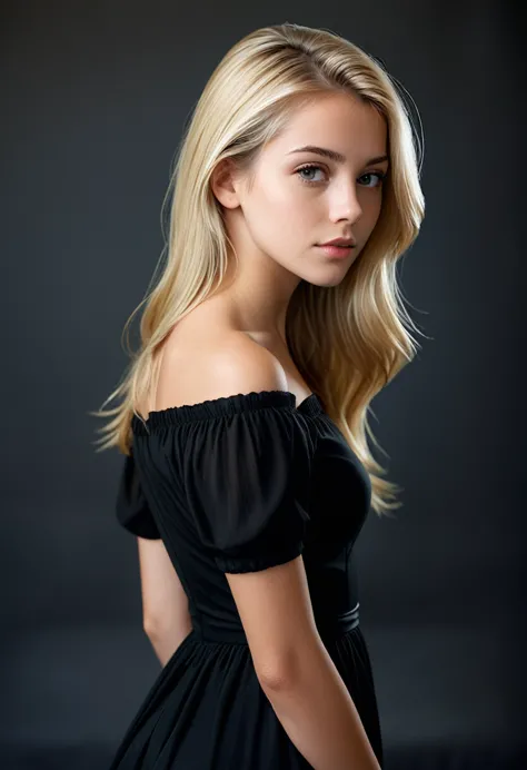 color photography, medium shot, black dress, foreground, ((a realistic photo of a beautiful 25 year old blonde girl.)whole body.