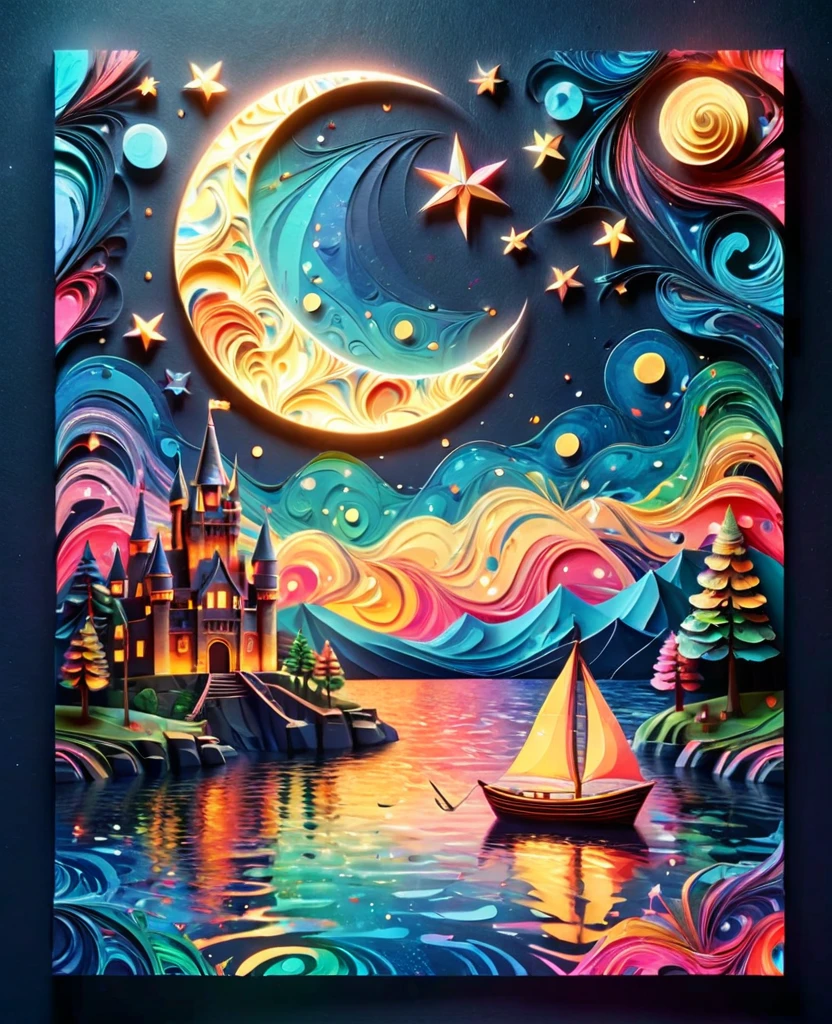 Paper cortar art (((obra maestra))),mejor calidad, ilustración,  cielo, nube, agua, estrella \(símbolo\), árbol, no humanos, Noche, pájaro, luna, edificio, estrella \(cielo\), Noche cielo, escenario, estrellary cielo, aguacraft, castillo, barco, ondas, torre, bote. esquema de colores vibrantes, luz tenue,(Color cálido:1.2),pintura de acuarela, fondo claro, mejor calidad exquisite details,renderizado 3D,renderizado de octanaje, pastel, Papel_cortar