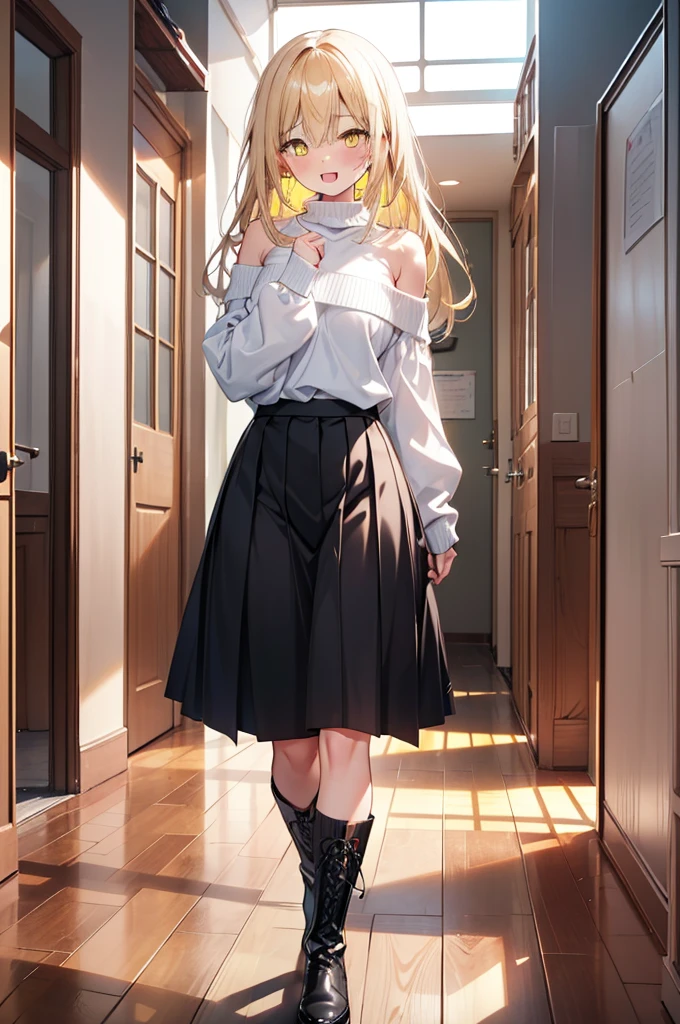 (アイスWallenstein, Wallenstein, blonde, Hair between the eyes, hair band, happy smile, smile, Open your mouth,Blonde,Long Hair, (Yellow Eyes:1.5),One-shoulder sweater,Long skirt,short boots,Walking,Daytime,Clear skies,whole bodyがイラストに入るように,　　　　　　　　　　　　　　　　　break looking at viewer, whole body,　　　　　　　　　　　break indoors,School,corridor,　　　　　　　　　　　　　　　 break (masterpiece:1.2), Highest quality, High resolution, unity 8k wallpaper, (shape:0.8), (Beautiful and beautiful eyes:1.6), Highly detailed face, Perfect lighting, Extremely detailed CG, (Perfect hands, Perfect Anatomy),