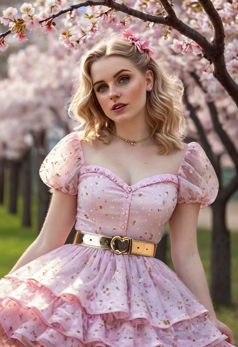 Uma linda sensualidade, curvy blonde kid wearing a doce Pink  Contrast Mesh, Bainha com babados, Impressão de flores de cerejeira em toda parte, Uma linha, mangas curtas bufantes, Decote em coração, cinto dourado fino com pequena fivela de coração, cintura alta,Vestido longo com bainha com babados, cabelo cacheado muito longo, bonitinho, doce, piquenique na cidade, atmosfera calorosa, bonito, bonito lighting, 8K, renderização de octanagem, detalhado, detalhado background, 35mm, realista, photorealista, Rosto Perfeito, presilhas de flores de cerejeira no cabelo, sardas, americano 