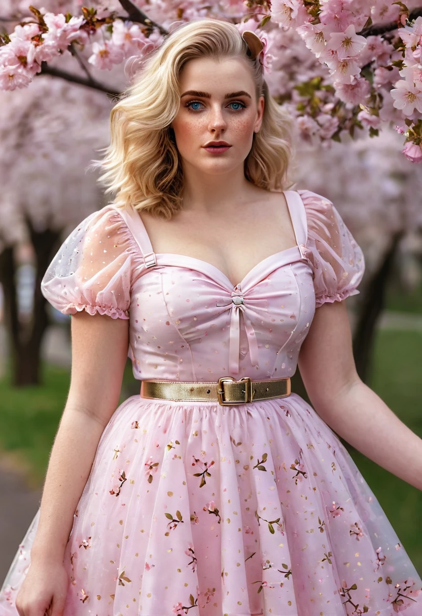 Uma linda sensualidade, curvy blonde kid wearing a doce Pink  Contrast Mesh, Bainha com babados, Impressão de flores de cerejeira em toda parte, Uma linha, mangas curtas bufantes, Decote em coração, cinto dourado fino com pequena fivela de coração, cintura alta,Vestido longo com bainha com babados, cabelo cacheado muito longo, bonitinho, doce, piquenique na cidade, atmosfera calorosa, bonito, bonito lighting, 8K, renderização de octanagem, detalhado, detalhado background, 35mm, realista, photorealista, Rosto Perfeito, presilhas de flores de cerejeira no cabelo, sardas, americano 