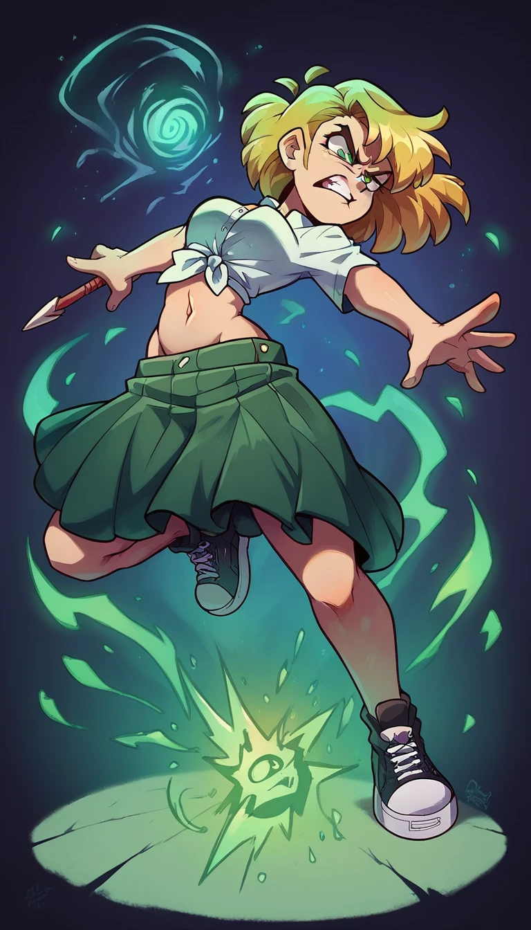 A tall girl beautiful angry upset face angry serious long wavy yellow hair her green eye dresses white shirt button tied knot shows navel curve sexy and her green skirt wearing black heel sneakers fight combat spear energy ball blue powder background temple 