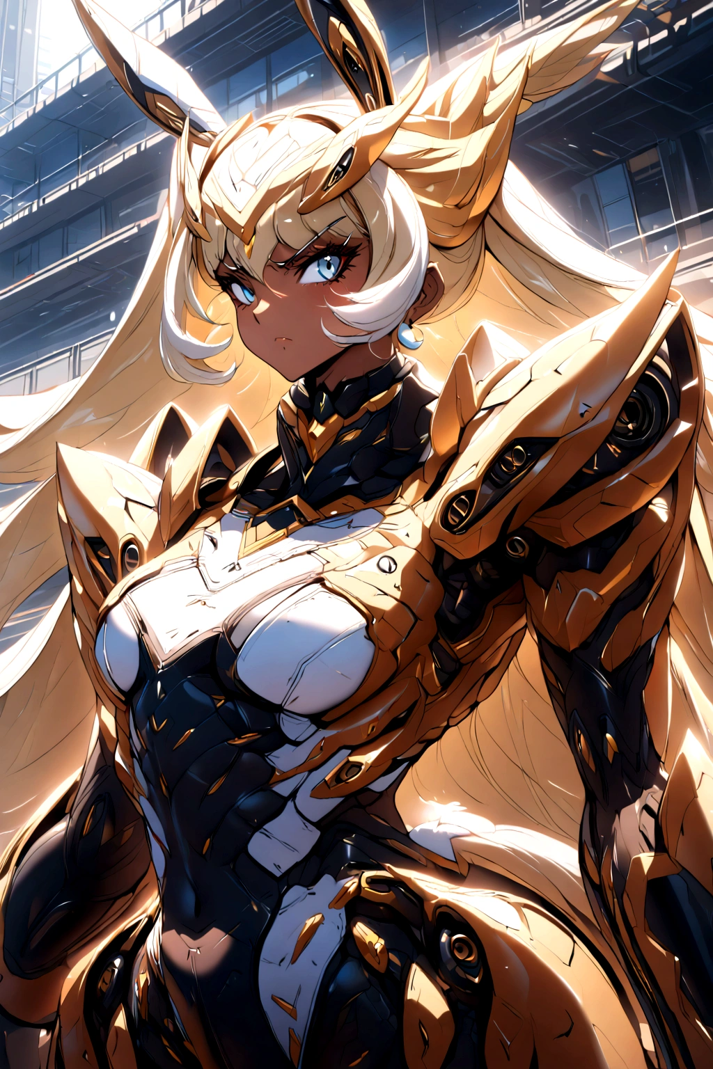 Mecha suit, Monster girl, bunny girl, voluptuos, dark skin, blonde hair, blue eyes, serious expression