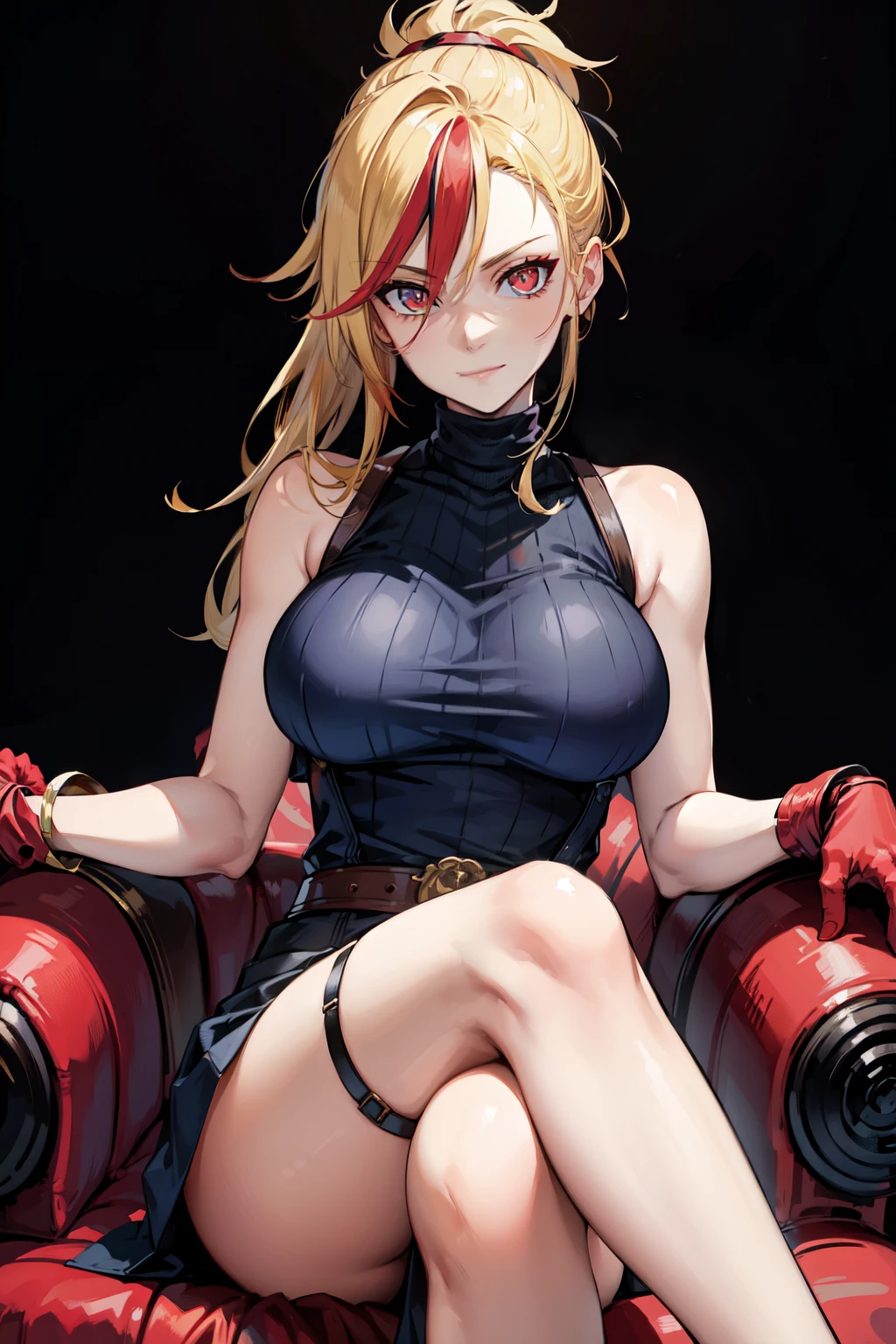 (masterpiece, best quality:1.2), red glowing eyes, red eyes, the eyes are red, perfect face, , strong make up, highres, 1 girl, solo, ultra long ponytail, (female:1.5), strife, blonde hair, shoulder armor, sleeveless turtleneck, suspenders, belt, gloves, bracer pre potent smile, crossing legs, crossing arms , evil smile, evil pose, sitting, portrait, looking at viewer,  Her hair is streaked with lots red and blonde highlights, tribal tattoo on the shoulder