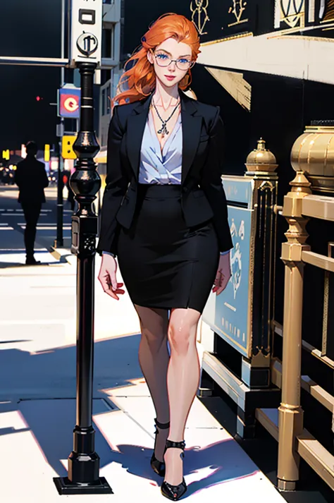 Walking city sidewalk, on her way to work.(rule of thirds),((ultra realistic illustration:1.2)), Tall, slender ((redhead)) woman...