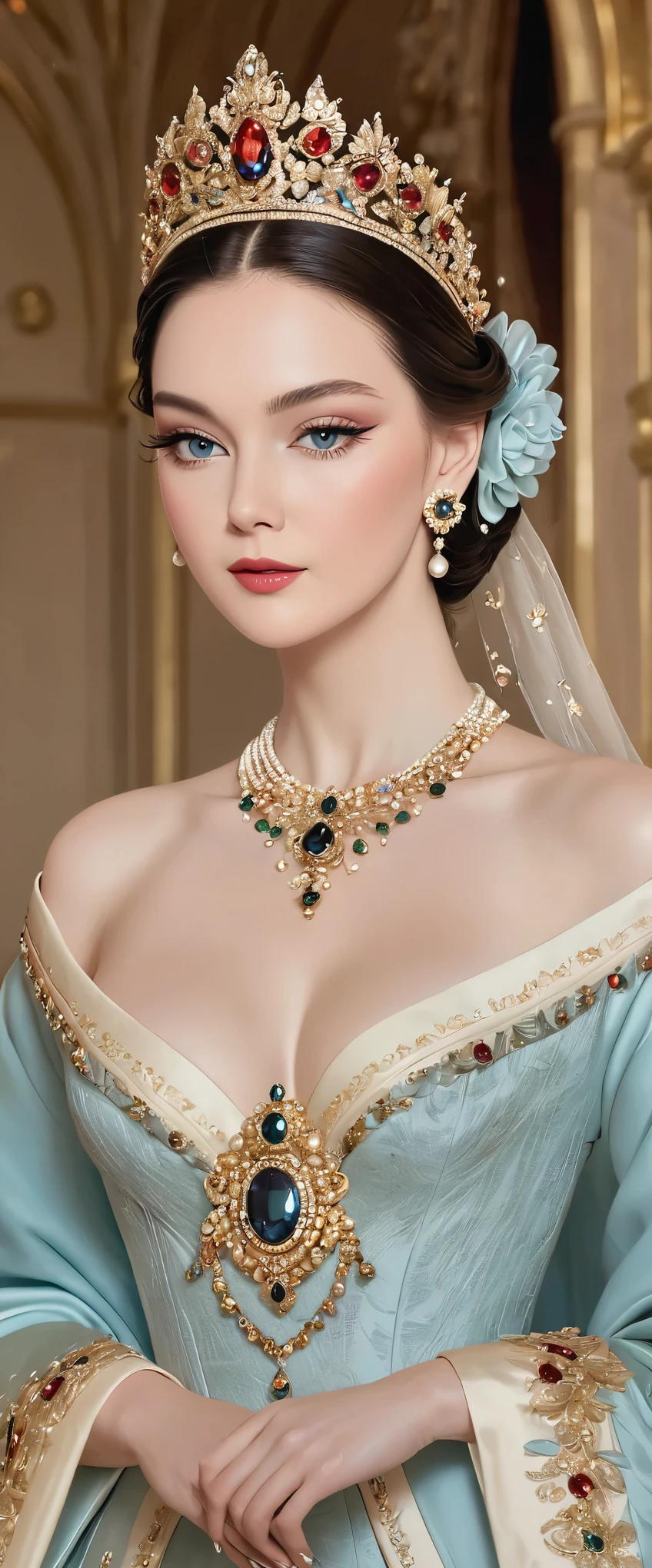 best quality, super fine, 16k, incredibly absurdres, extremely detailed, 2.5D, delicate and dynamic depiction, extremely beautiful queen, one of a kind, beautiful appearance, gorgeous and luxurious clothing, gorgeous and luxurious accessories, charming expression, (grace:1.3), gorgeous and luxurious palace