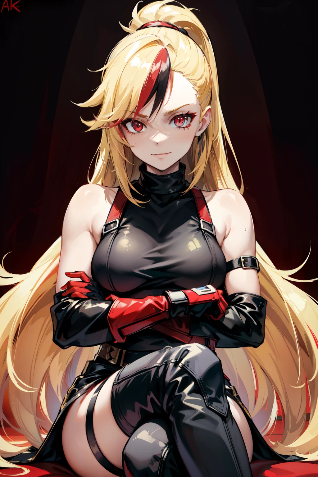 (masterpiece, best quality:1.2), red glowing eyes, red eyes, the eyes are red, perfect face, strong make up, highres, 1 girl, ultra long ponytail, (female:1.5), strife, blonde hair streaked with lots of red highlights, two colors hair (blond and red), hight flame mistress outfit, shoulder armor, sleeveless turtleneck, suspenders, belt, gloves, bracer pre potent smile, crossing legs, crossing arms , evil smile, evil pose, sitting, portrait, looking at viewer,  Her hair is streaked with lots red and blonde highlights, moon tribal tattoo.