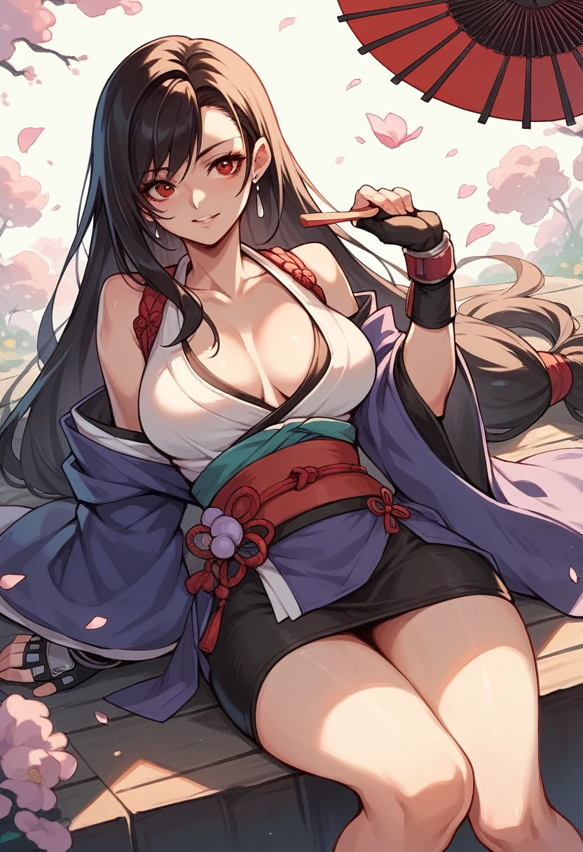 Tifa in a kimono、She&#39;s in heat and has her eyes rolled up.、Mouth wide open with tongue out、Drooling、A tube is stuck in the vagina、Urine is coming out of the end of the tube